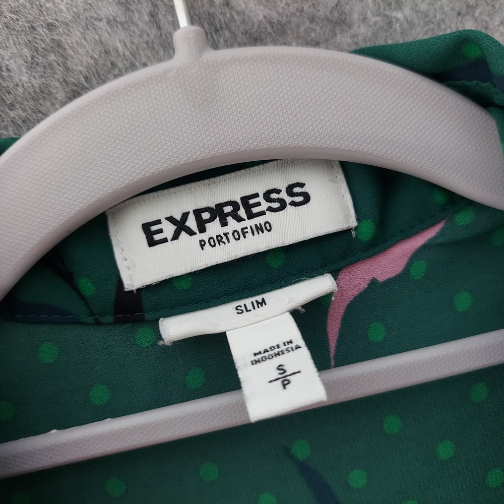 Express Womens Portofino Blouse S Green Floral Polka Dot Slim Roll Tab Top - Picture 4 of 8